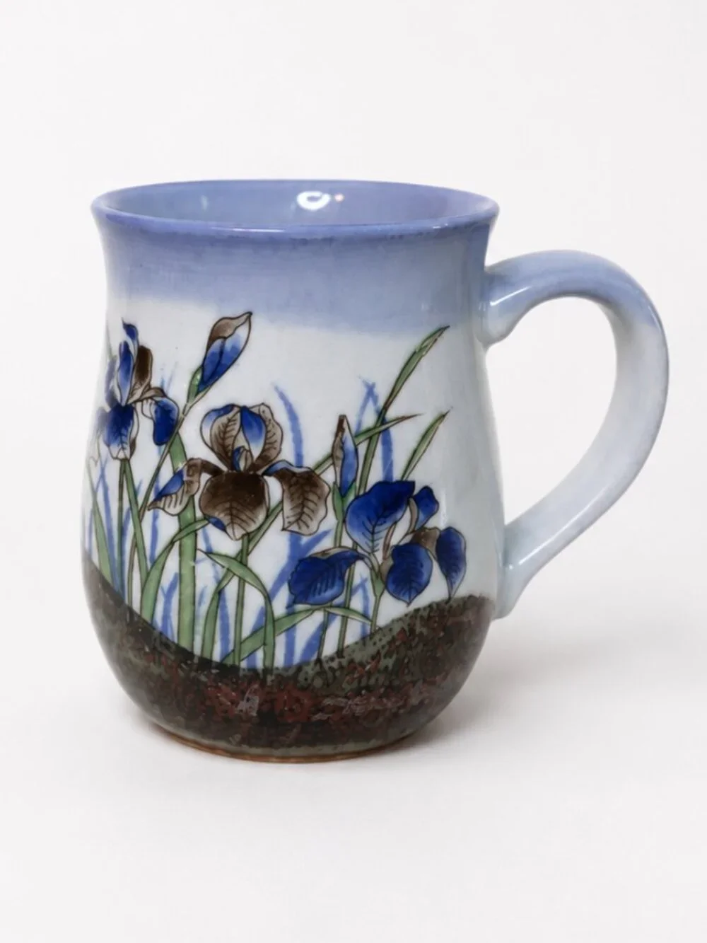 Handcrafted Blue Iris Pottery Coffee Mug Stoneware Floral Artisan Cup